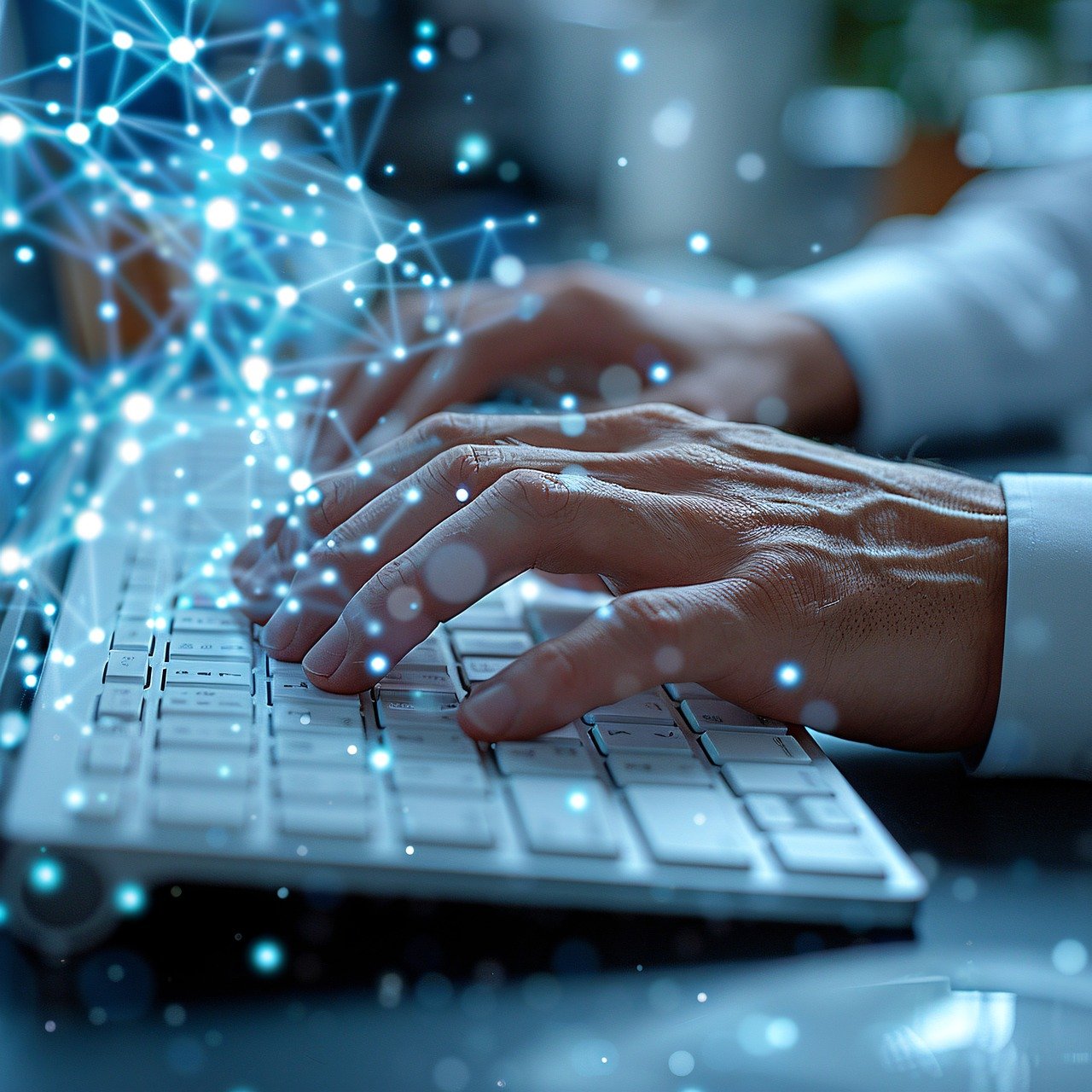 Digital network surrounding hands typing on a keyboard