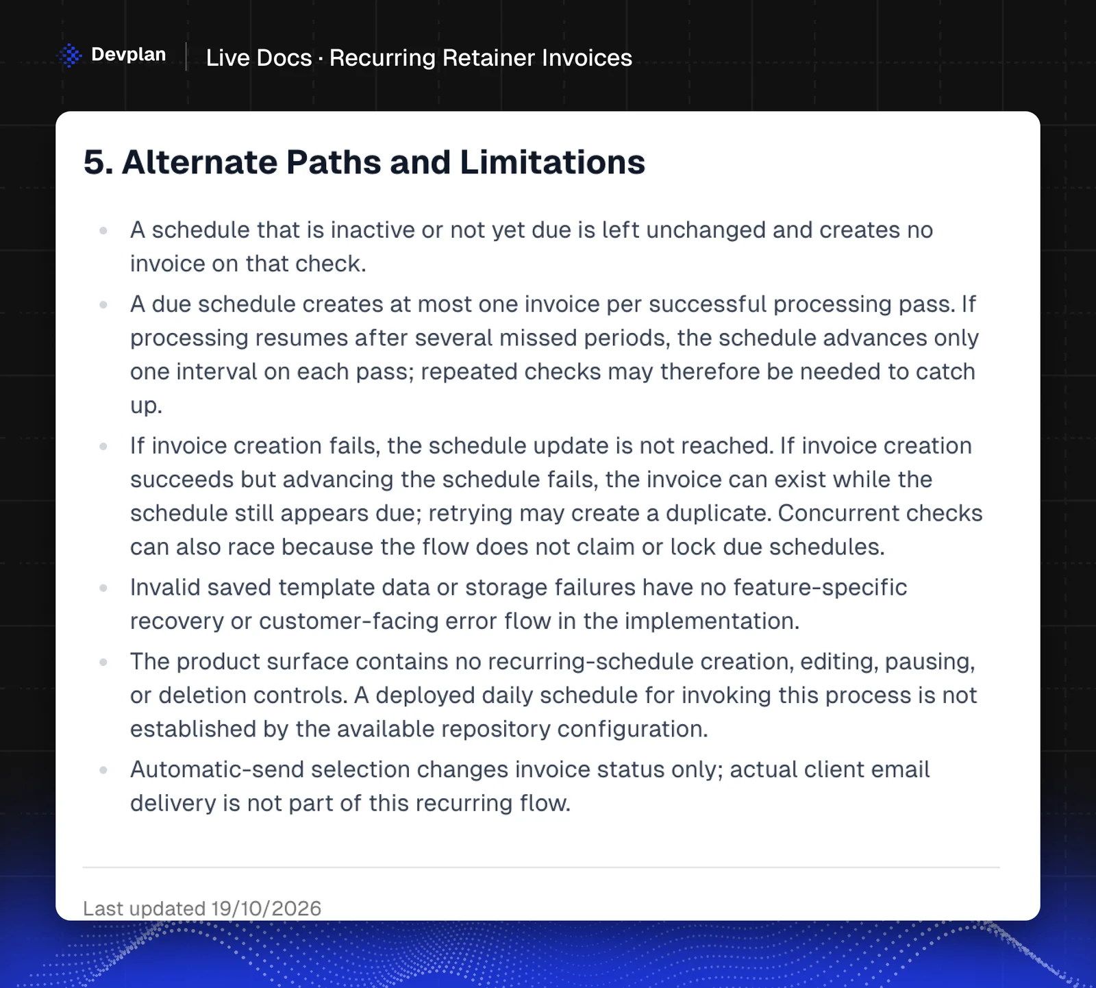 The Alternate Paths and Limitations section of the Recurring Retainer Invoices page in Devplan Live Docs, including that retrying may create a duplicate invoice and that automatic send changes the invoice status without emailing the client